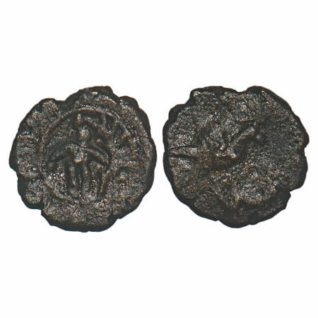 Thanjavur Nayaks, Copper Unit, 1.65g, 12.33x12.21mm, Obv: King standing alongside tree, Re