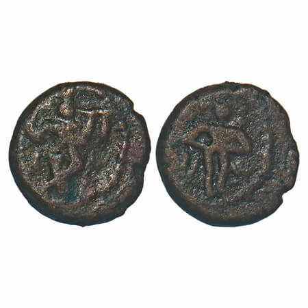 Thanjavur Nayaks, Copper, 1.33g, 10.01x9.85mm, Obv: Krishna playing flute, Rev: standing p