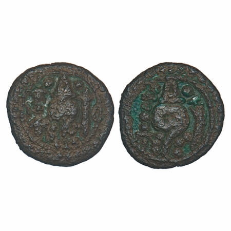 Venad, Copper Taram, 3.21g, 15.28x15.79mm, Obv: Conch, flanked by lamp and sword, Rev: Con
