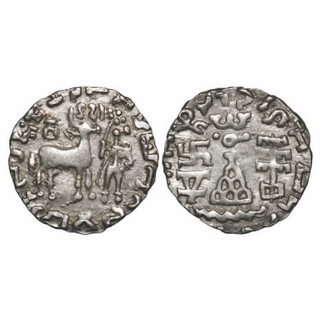 Kundindas, Amoghabhuti (c. 200 BC), Silver, 2.00g, 16.86x16.98mm, Obv: Deer standing to ri