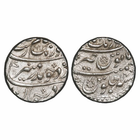 Aurangzeb, Silver Rupee, 11.49g, Aurangabad Mint, AH 1082/14 RY, mint name at top. KM 300.