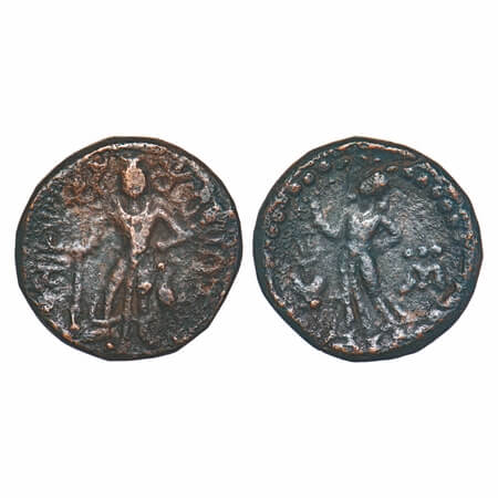Yaudheya, Karttikeya-Devasena type, Copper Unit, 9.26gm, 23.61x23.75mm, Obv: Karttikeya st