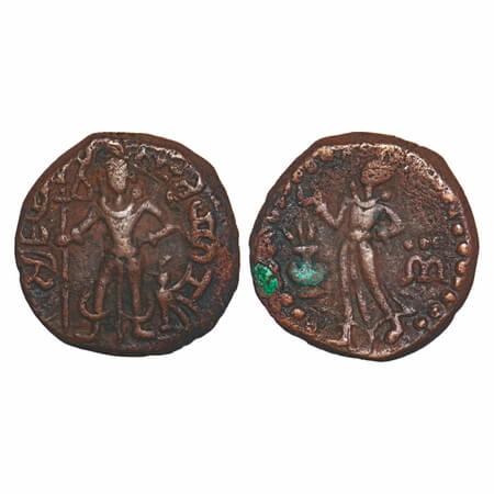 Yaudheya, Karttikeya-Devasena type, Copper Unit, 10.87g, 24.54x24.13mm, Obv: Karttikeya st