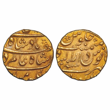 Shah Alam Bahadur, Gold Mohur, 10.94g, Burhanpur Mint, 2 RY. KM 356.3. About Extremely Fin