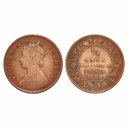 Dewas Senior, Copper 1/4 Anna, 6.17g, Narayan Rao (c. 1864-1892 AD), Crowned bust of Victo