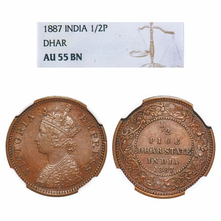 Dhar, Copper ½ Pice, Anand Rao III, AD 1887, bust of Victoria Empress on obv. KM 12. NGC g
