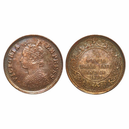 Dhar, Copper ½ Pice, 3.43g, Anand Rao III, AD 1887, bust of Victoria Empress on obv. KM 12