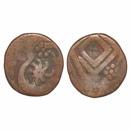 Indore, Copper ½ Anna, 15.10g, British Protectorate, INO Shah Alam II, ND, Obv: Pin wheel,