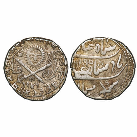 Indore, Silver Rupee, 11.17g, Shivaji Rao Holkar, INO Shah Alam II, Obv: sun face, Large f