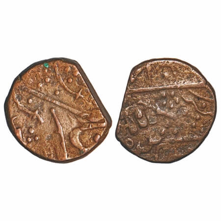 Sunth, Copper Paisa, 9.21g, Parmar Rulers, Rampur Mint, Obv: 2 swords, Rev: spear. Overstr