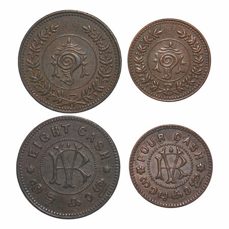 Travancore, Copper (2 Coins), 4 & 8 Cash, 2.49 & 5.06g, Rama Verma VI (ME 1062-1101/1885-1