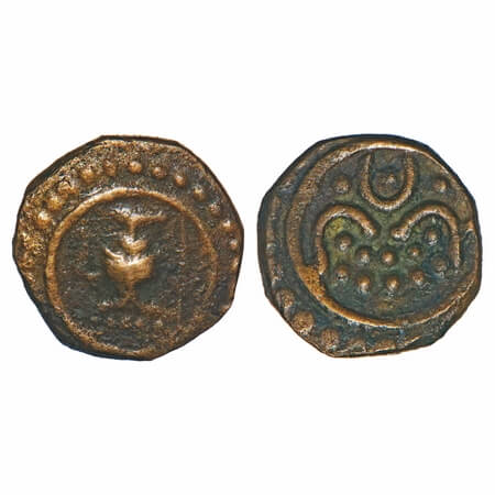 Travancore, Copper Thirai Cash, 1.25g, Obv: Kali, Rev: pot. B.Sarasan 294.3 type. About Ve