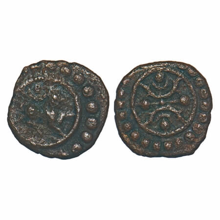 Travancore, Copper Thirai Cash, 1.18g, Obv: lion with crescent above, Rev: geometrical des