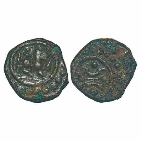 Travancore, Copper Thirai Cash, 1.34g, Obv: lion with crescent above, Rev: geometrical des
