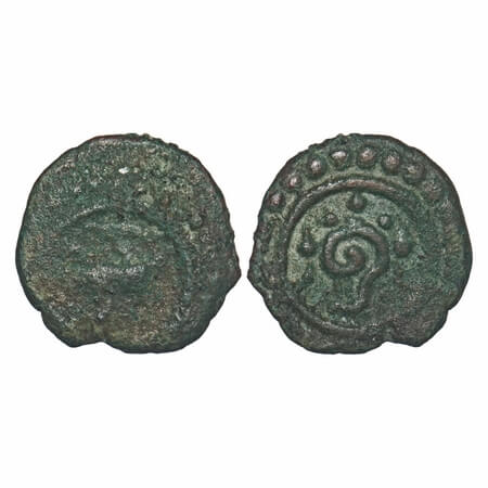 Travancore, Copper Thirai Cash, 1.13g, Obv: animal to right, Rev: sankha to left. B.Sarasa