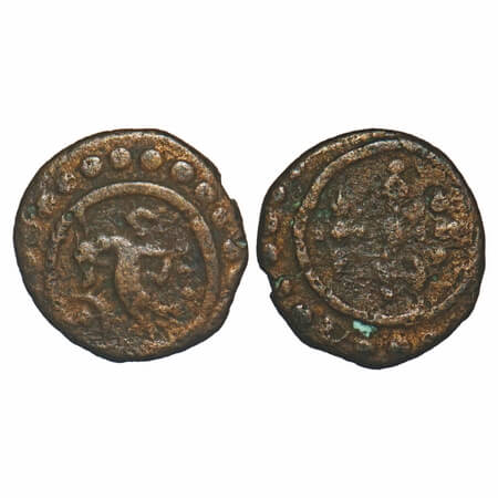 Travancore, Copper Thirai Cash, 1.05g, Obv: animal to right, facing behind, crescent above