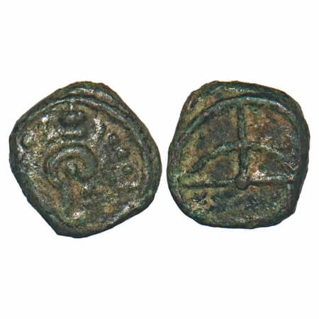 Travancore, Copper Thirai Cash, 0.91g, Obv: bow & arrow, Rev: Conch. B.Sarasan 372 type un
