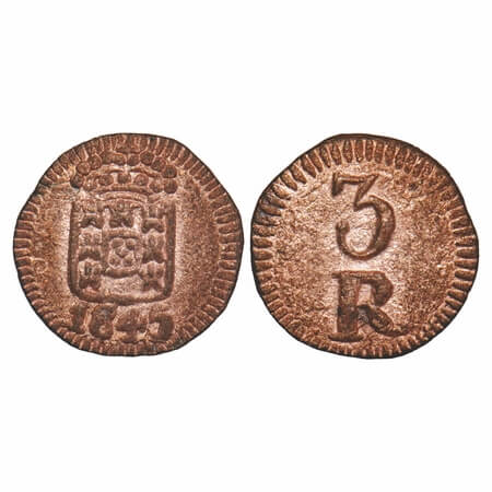 Indo Portuguese, Copper, 3 Reis, 1.58g, D.Maria II (1834-1853 AD), 1845 AD. Obv: Crowned S