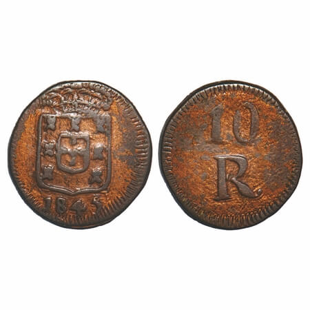 Indo Portuguese, Copper 10 Reis, 6.38g, D.Maria II (1834-1853 AD), Goa issue, 1845 AD. A.G