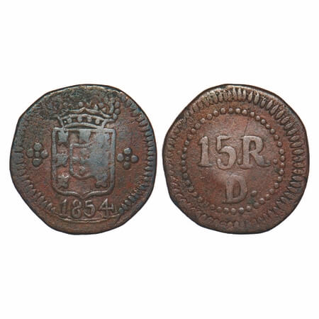 Portuguese India, Copper 15 Reis, 9.55g, D.Pedro V (1853-1861 AD), 1854 AD, Damao issue, c