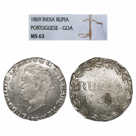 Indo Portuguese, Silver Rupia/600 Reis, D Luis (1861-1889 AD), 1869 AD, Goa issue, date & 