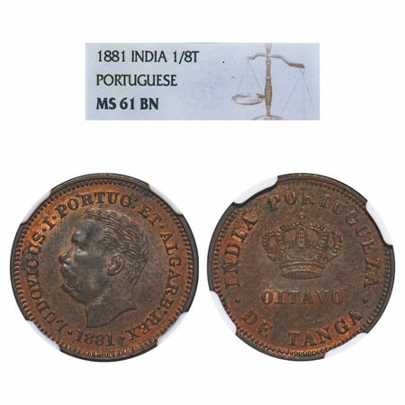 Indo Portuguese, Copper Oitavo/ 1/8 Tanga, D. Luis (1861-1889 AD), 1881 AD. A.Gomes (page 