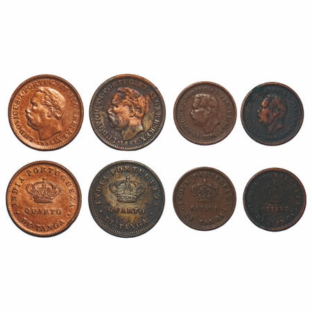 Indo Portuguese, Copper (4 Coins), D. Luis, Oitavo/1/8 Tanga 1881 & 1886, 1/4 Tanga 1881 &