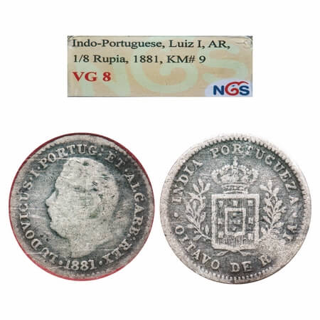 Indo Portuguese, Silver 1/8 Rupee, D. Luis (1861-1889 AD), 1881 AD. A.Gomes (page 602) 11.
