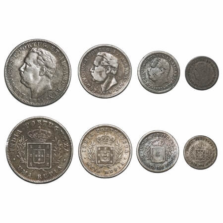 Pourtuguese India, Silver 1/8, ¼, ½, 1 Rupee set (4 Coins), D Luis (1861-1889 AD), 1881 AD