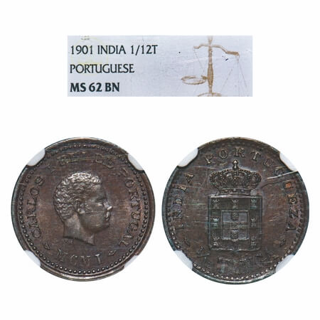 Indo Portuguese, Copper 1/12 Tanga, D.Carlos (Colonial coinage), / MCMI (1901). A.Gomes (p