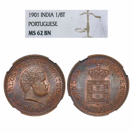 Indo Portuguese, Copper 1/8 Tanga, D.Carlos (Colonial coinage), / MCMI (1901). A.Gomes (pa