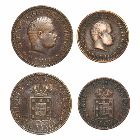 Indo Portuguese, Copper 1/4 & 1/8 Tanga, (2 Coins), D.Carlos (Colonial coinage), / MCMIII 