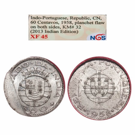 Indo Pourtuguese, Copper Nickle, Republic, 60 Centavos 1958, with planchet flaw. A.Gomes (