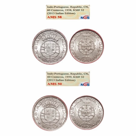 Indo Pourtuguese, Copper Nickle (2 Coins), Republic, 60 Centavos 1958 & 1959. A.Gomes (pag