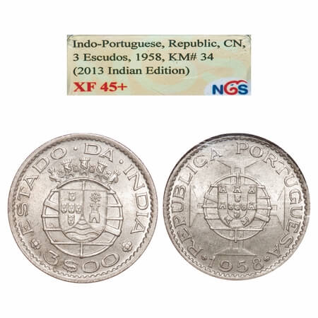Indo Pourtuguese, Copper Nickle, Republic, 3 Escudos 1958. A.Gomes (page 606) 17.01/KM 34.