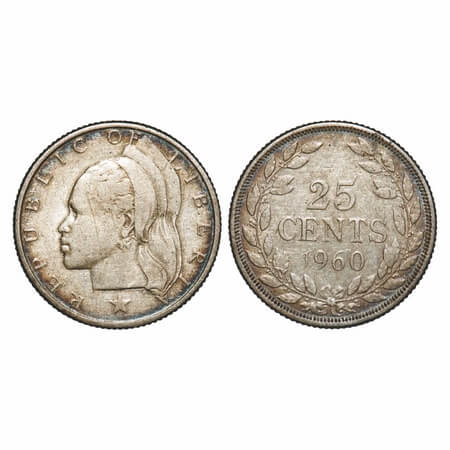 Liberia, Silver 25 Cents (0.900 % Silver), Republic Coinage, 1960 AD. KM 16. Very Fine, Ve