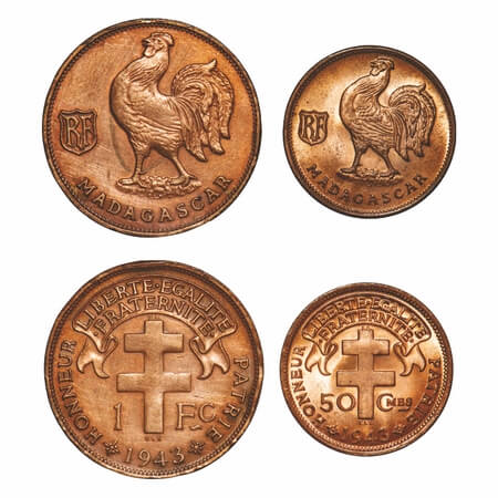 Madagascar, Bronze Franc & 50 Centimes (2 Coins), 1943 AD (SA / Pretoria Mint), Obv: Roost