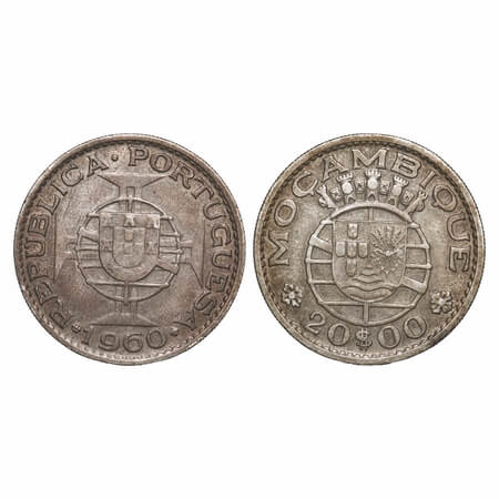 Mozambique, Silver (0.7200 % Silver), 20 Escudo, 1960 AD. KM 80. Toned Very Fine+, Scarce.