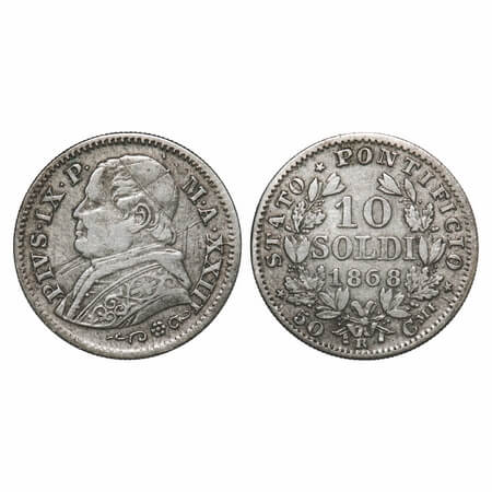 Papal States/Vatican, Silver 10 Soldi (0.835% Silver), 2.47g, Pivs IX, 1868 AD. KM 1376. V