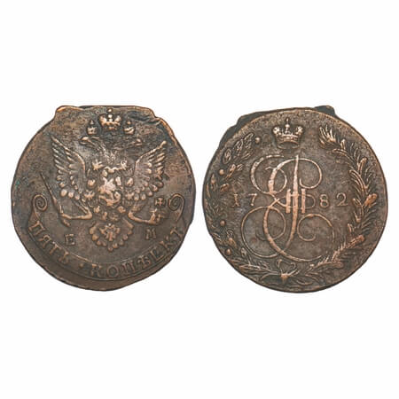 Russia, Copper 5 Kopeks, 56.20g, Catherine II, 1782 EM (Ekaterinburg Mint), Obv: Emblem & 