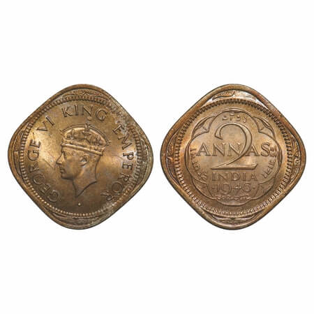 George VI, Copper-Nickel, 2 Annas, 1946, Bombay Mint, Head Type II, Dots by year, Large do