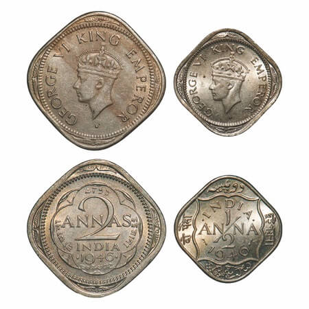 George VI, Copper-Nickel, (2 coins), 1946, Bombay Mint, 1) 2 Annas, Head Type II, Dots by 