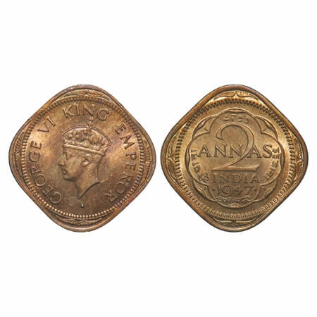 George VI, Copper-Nickel, 2 Annas, 1947, Bombay Mint, Head Type II, Dots by year, Small do