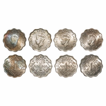 George VI, Mix-Metal, 1 Anna, (4 coins) 1) 1939, Calcutta Mint, Head Type I, No dot, 2) 19