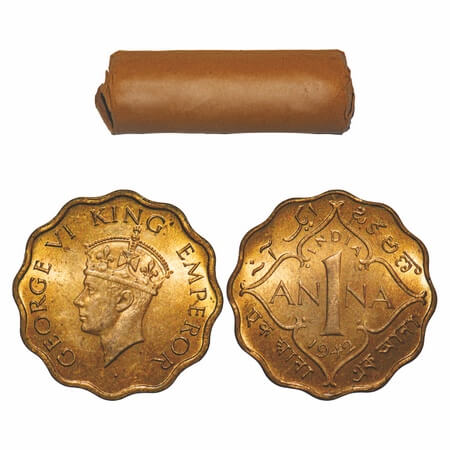 George VI, Nickel-Brass, 1 Anna, (Roll of 40 coins), 1942, Calcutta Mint, Head Type II, No