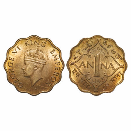 George VI, Nickel-Brass, 1 Anna, 1943, Bombay Mint, Dot, Head Type II, Normal numeral 3. F