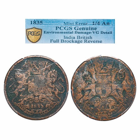 William IV, Copper, Quarter Anna, 1835, Error, Rev Brockage/Lakhi. PCGS Slabbed Genuine, E