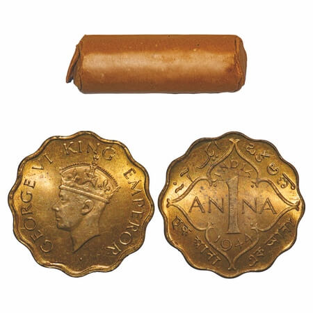 George VI, Nickel-Brass, 1 Anna, (Roll of 40 coins), 1944, Calcutta Mint, Head Type II, No