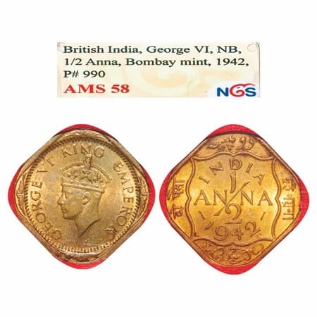 George VI, Copper-Nickel, 1/2 Anna, 1942, Bombay Mint, No dots by India, Dashes by year. F
