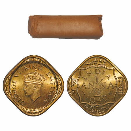 George VI, Nickel-Brass, 1/2 Anna, (Roll of 40 coins), 1942, Bombay Mint, No dots by India